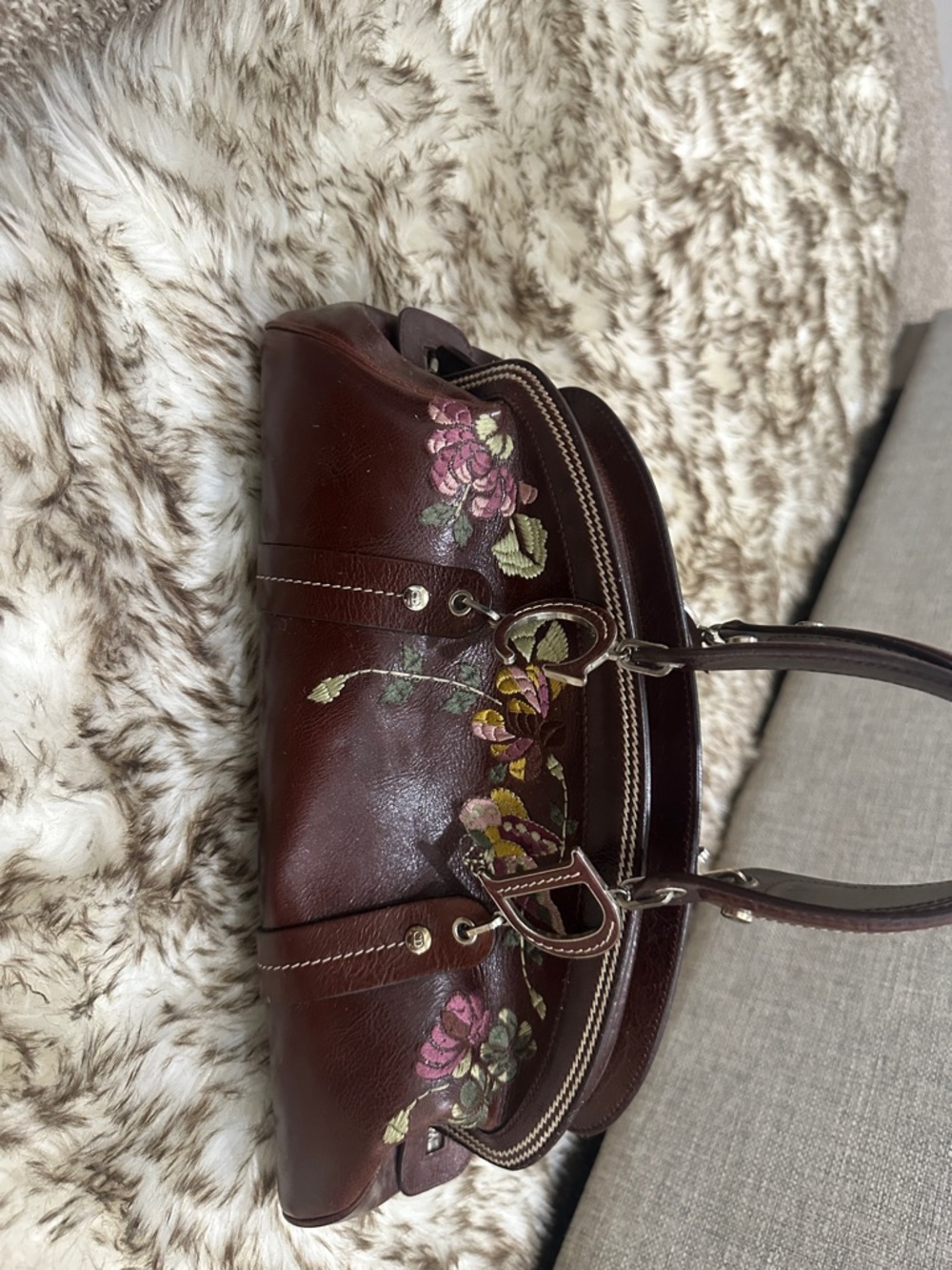 DIOR Burgundy -Dark Brown leather CD Bag with Pink & Green Floral Embroidery